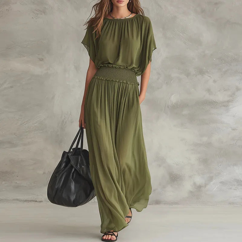 Elegant Wide Leg Maxi Dress with Smocked Waist and Batwing Sleeves