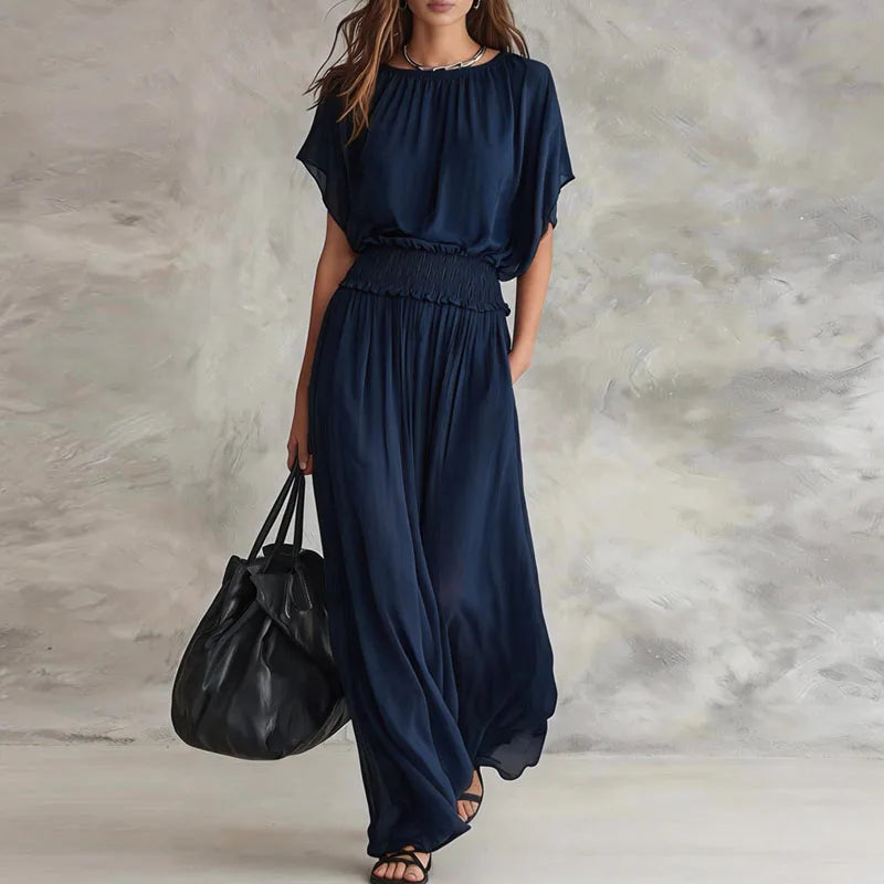 Elegant Wide Leg Maxi Dress with Smocked Waist and Batwing Sleeves