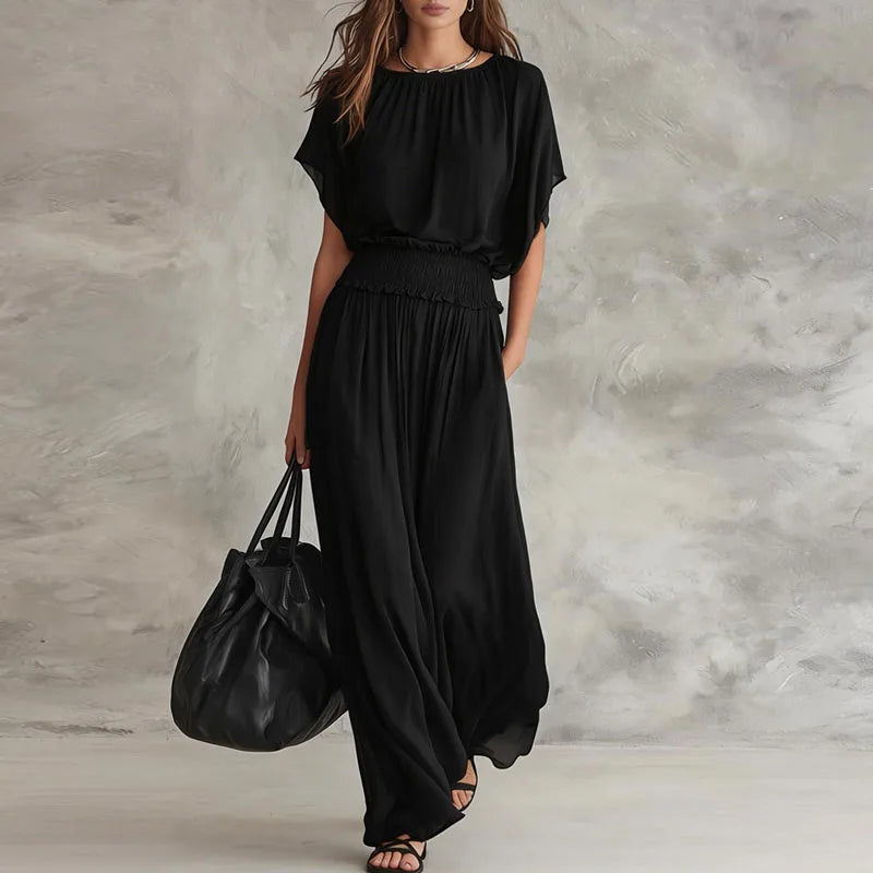 Elegant Wide Leg Maxi Dress with Smocked Waist and Batwing Sleeves