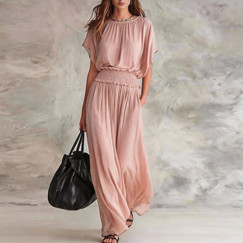 Elegant Wide Leg Maxi Dress with Smocked Waist and Batwing Sleeves