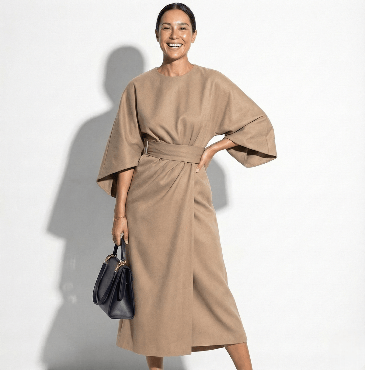 Elegant Kimono Sleeve Midi Dress with Wrap Skirt and Belt