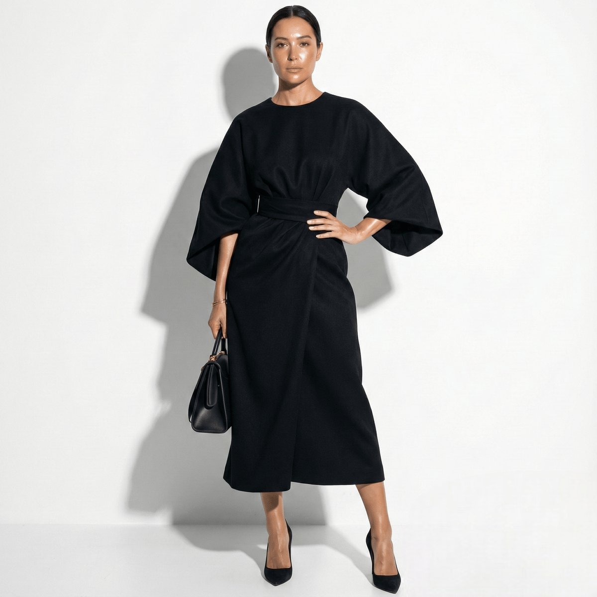 Elegant Kimono Sleeve Midi Dress with Wrap Skirt and Belt