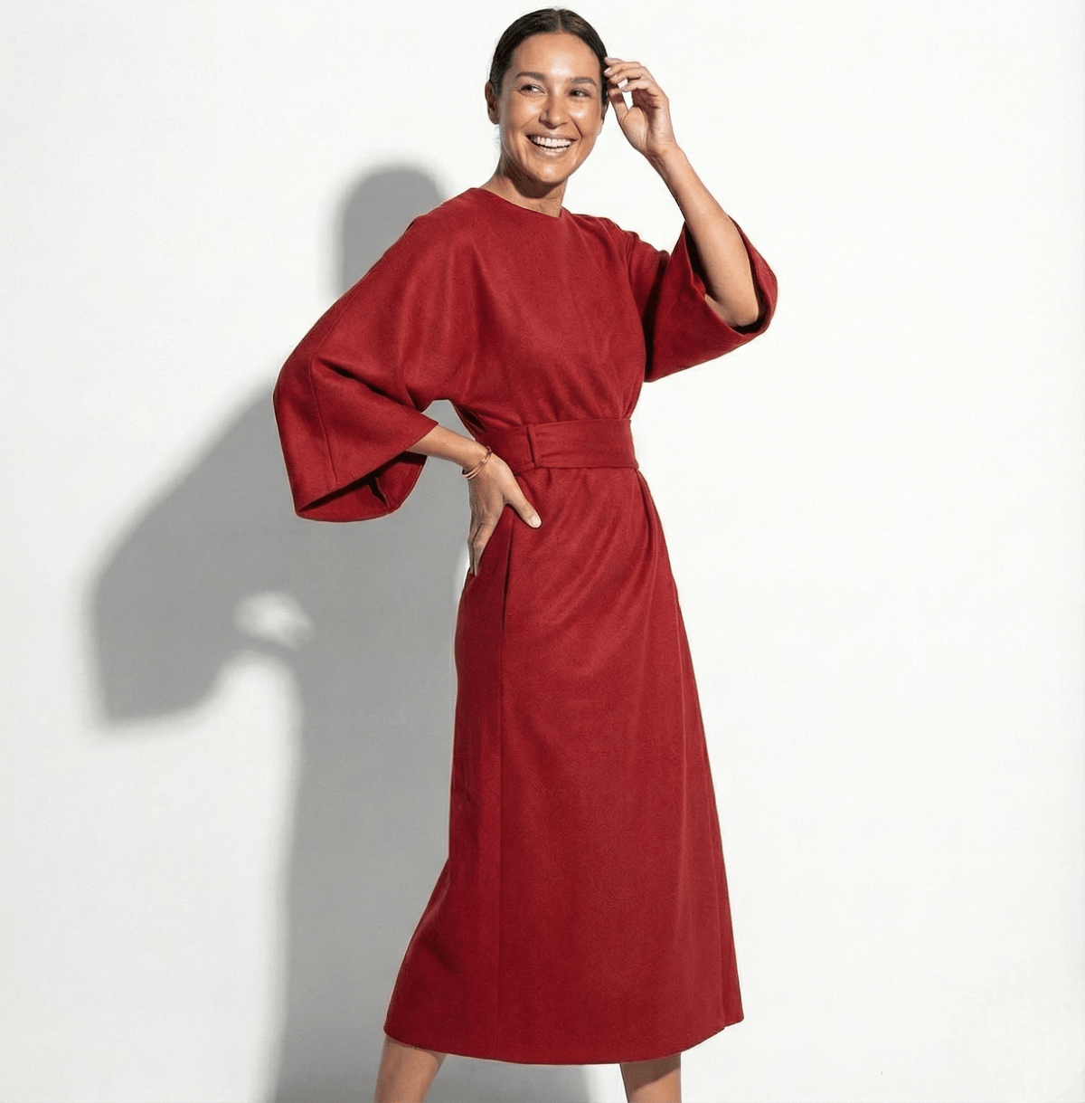 Elegant Kimono Sleeve Midi Dress with Wrap Skirt and Belt