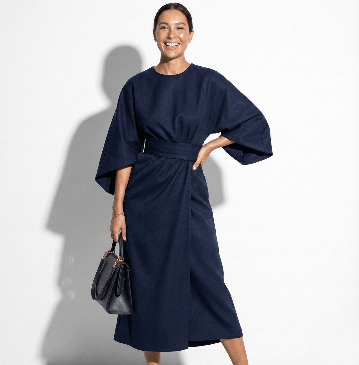 Elegant Kimono Sleeve Midi Dress with Wrap Skirt and Belt