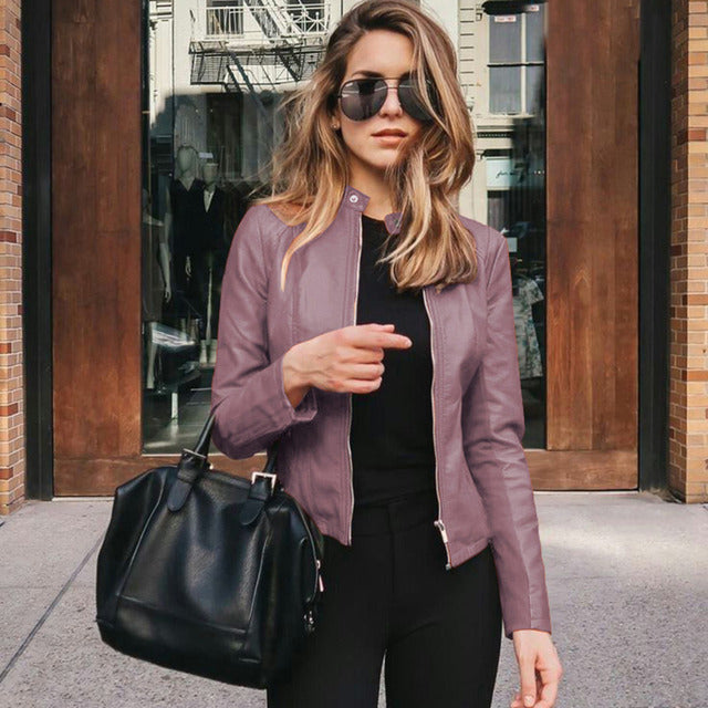 Fitted Leather Jacket with Zip Front and Collarless Neck