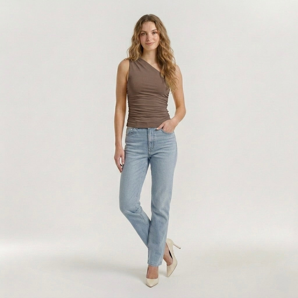 Fitted One Shoulder Top with Ruched Detail
