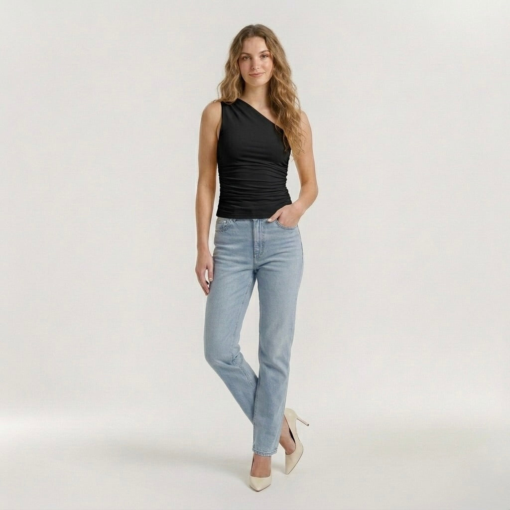 Fitted One Shoulder Top with Ruched Detail