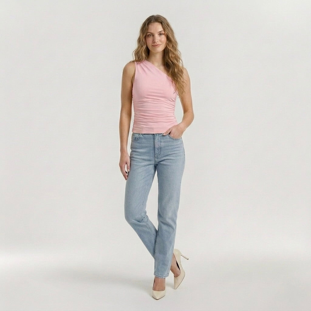 Fitted One Shoulder Top with Ruched Detail