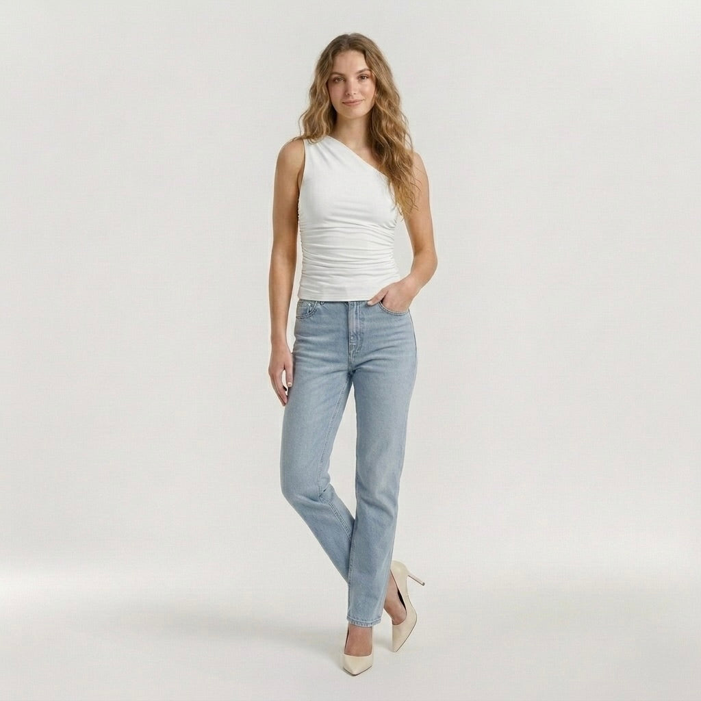 Fitted One Shoulder Top with Ruched Detail
