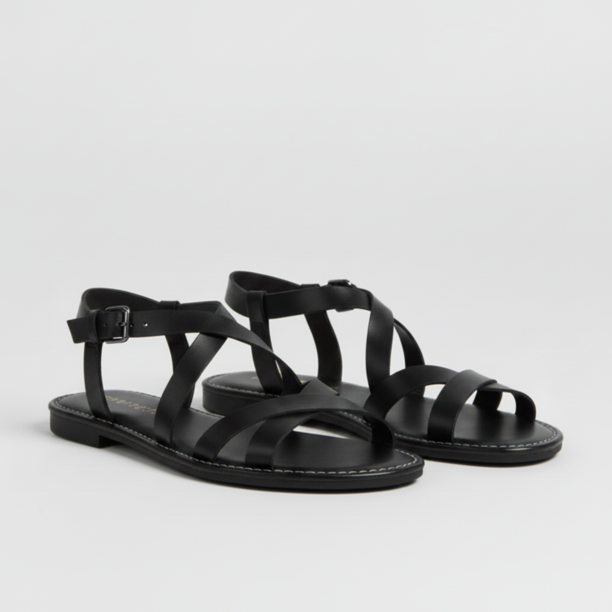 Flat Strappy Sandals with Crossover Strap and Ankle Buckle