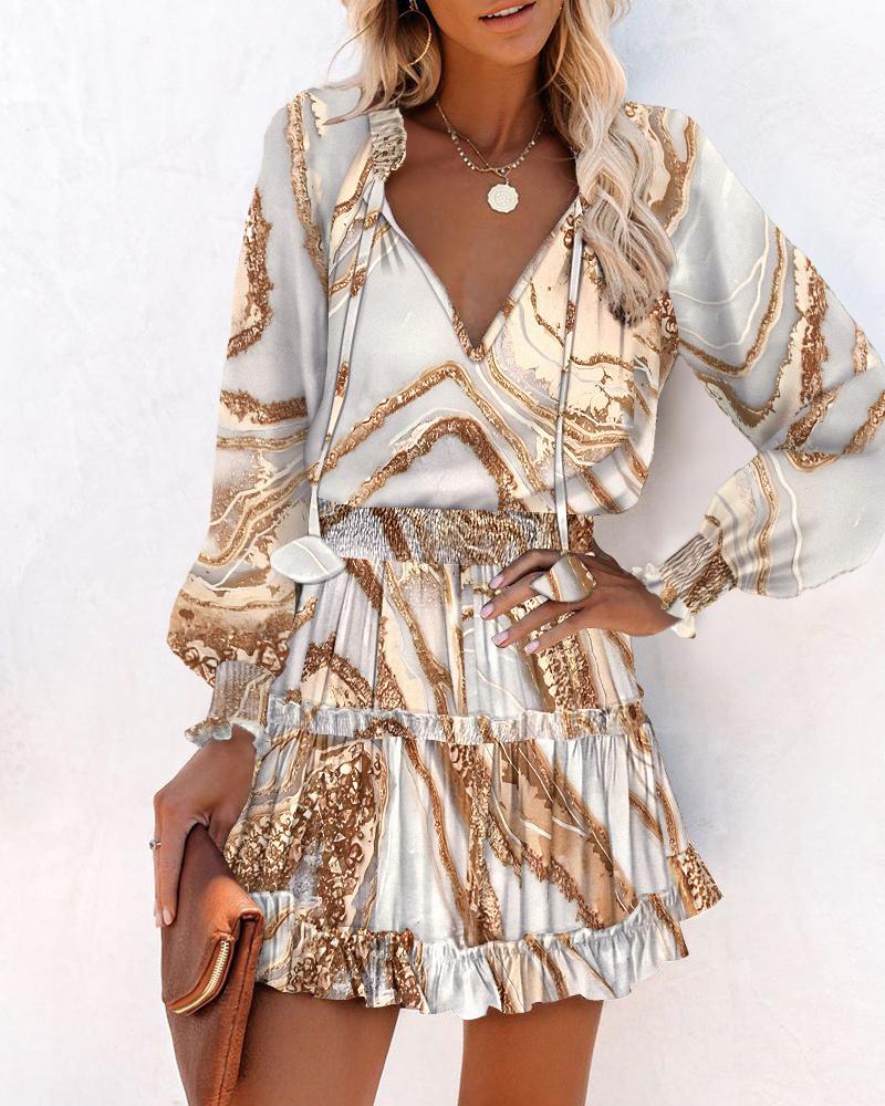 Floral Print Long Sleeve Mini Dress with Smocked Waist and Ruffle Hem