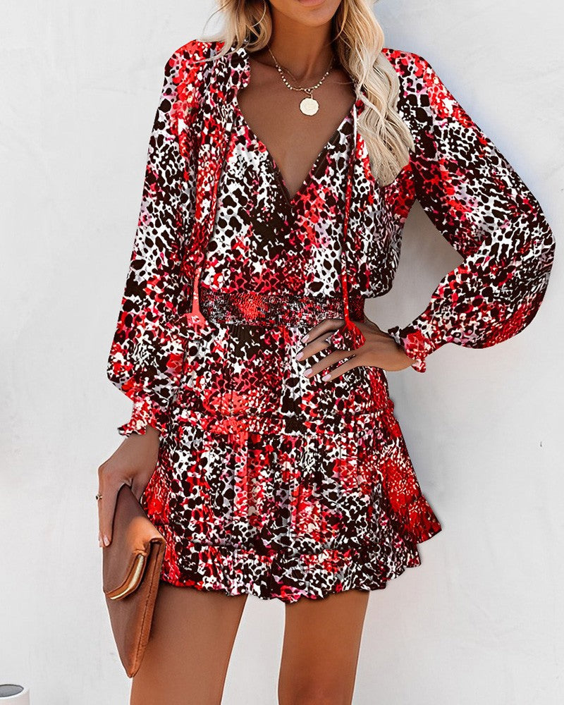 Floral Print Long Sleeve Mini Dress with Smocked Waist and Ruffle Hem