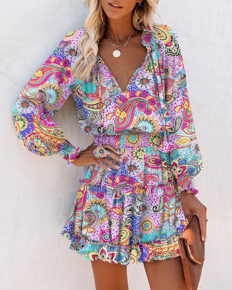 Floral Print Long Sleeve Mini Dress with Smocked Waist and Ruffle Hem