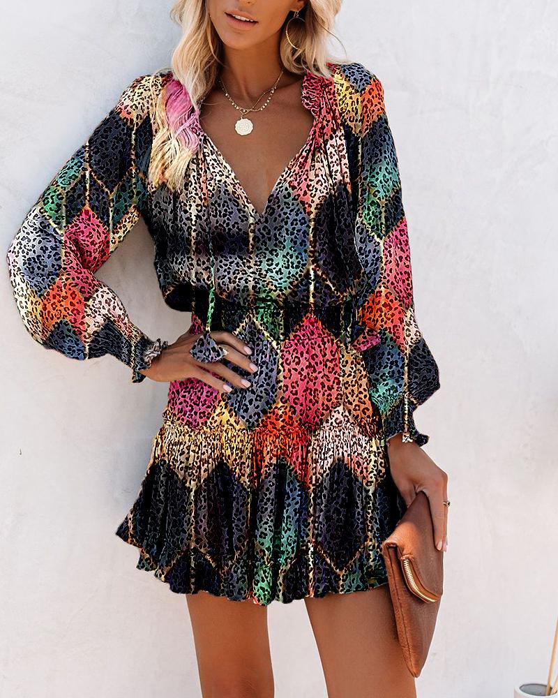 Floral Print Long Sleeve Mini Dress with Smocked Waist and Ruffle Hem