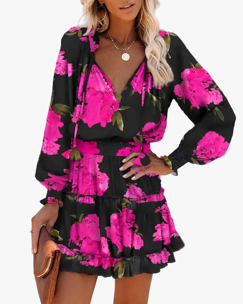 Floral Print Long Sleeve Mini Dress with Smocked Waist and Ruffle Hem