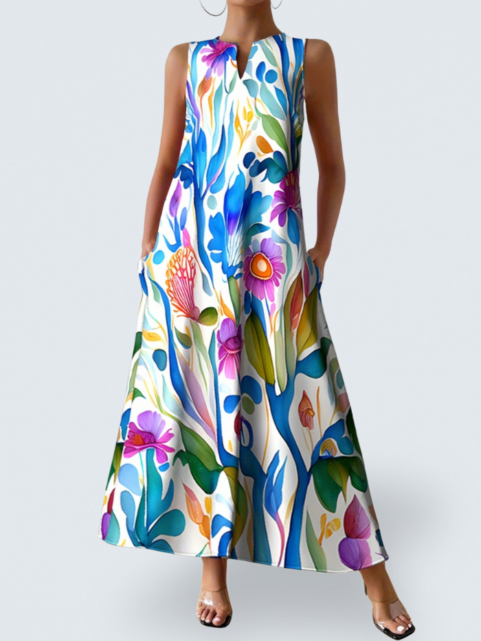 Floral Print Sleeveless Maxi Dress with V-Neckline and Pockets