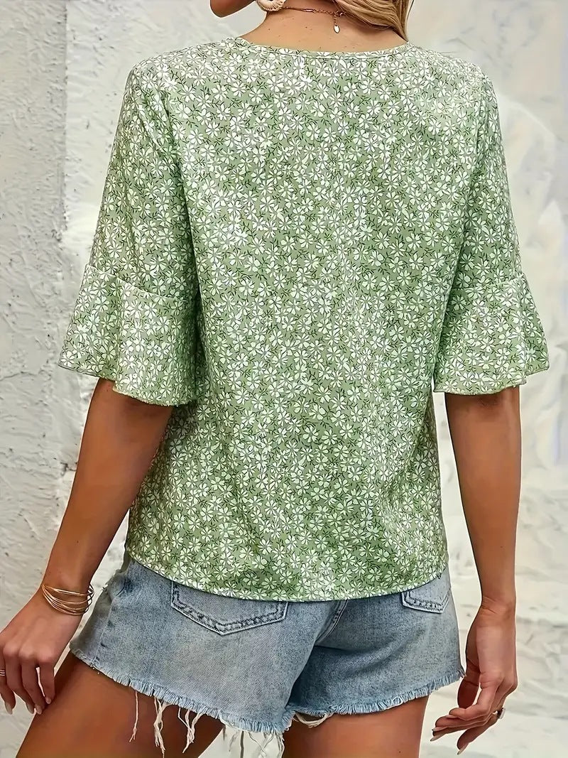 Floral Print Top with V-Neckline and Flare Sleeves