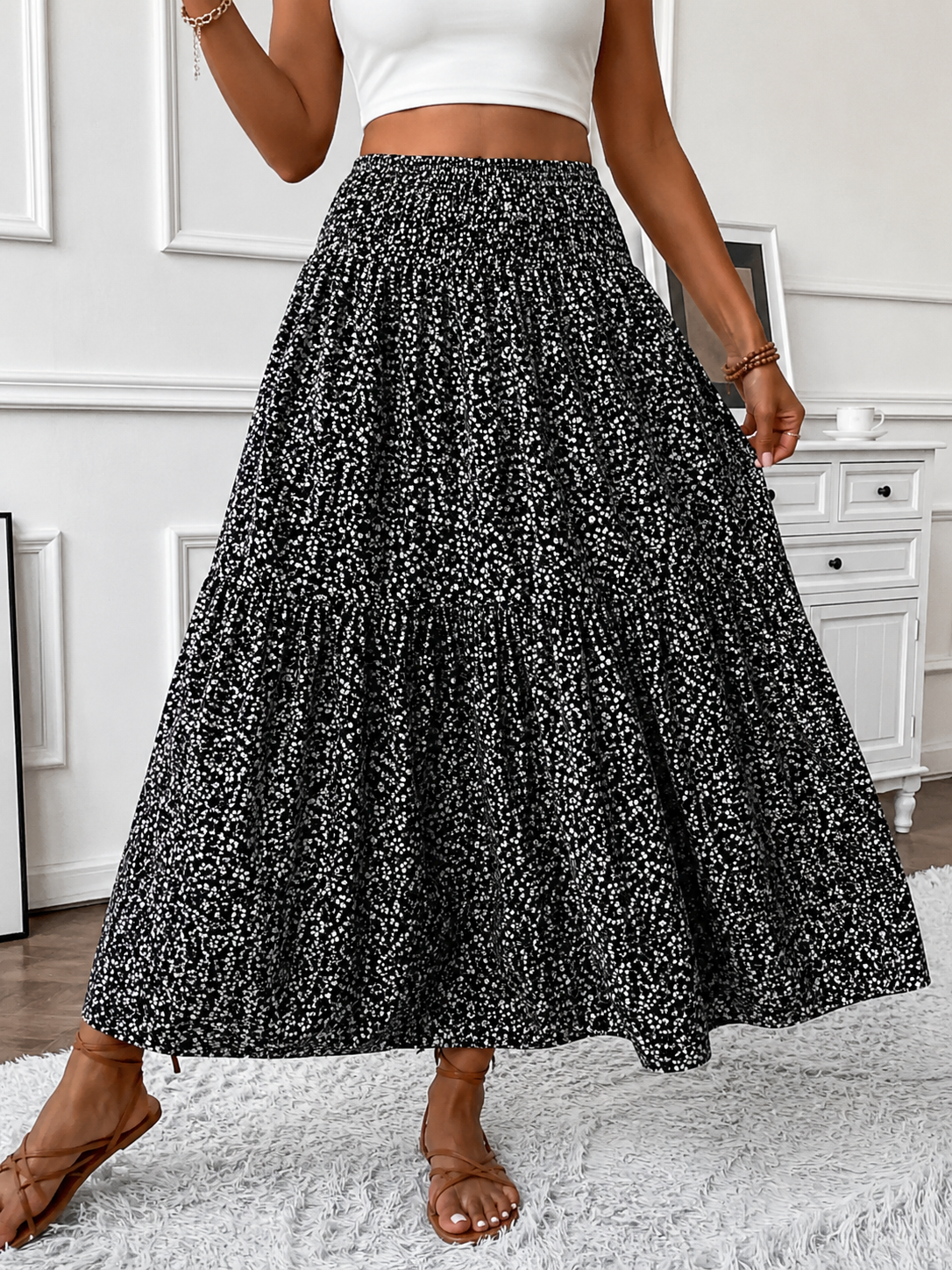 Flowy Ditsy Floral Maxi Skirt with Elasticated High Waist