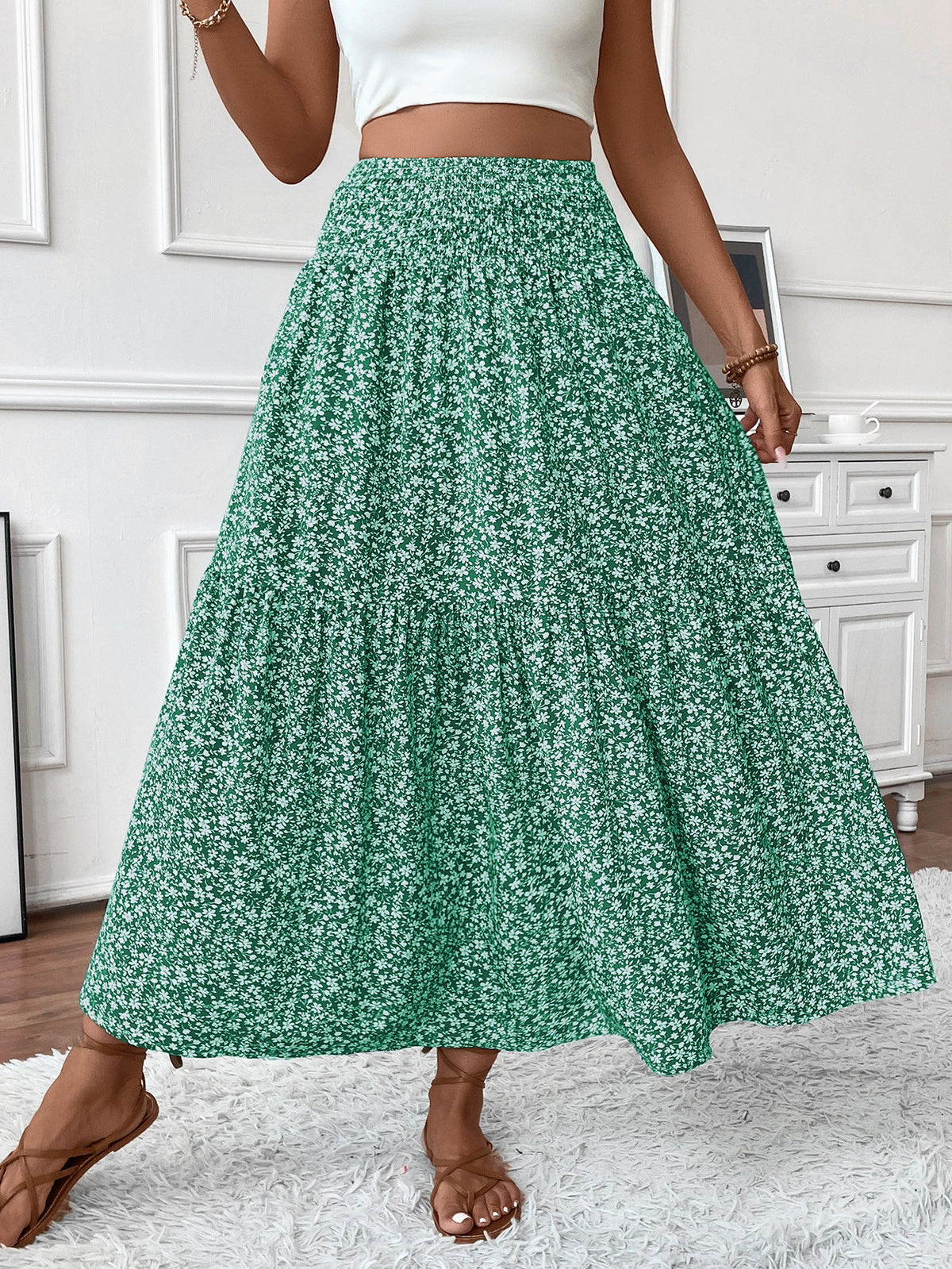 Flowy Ditsy Floral Maxi Skirt with Elasticated High Waist