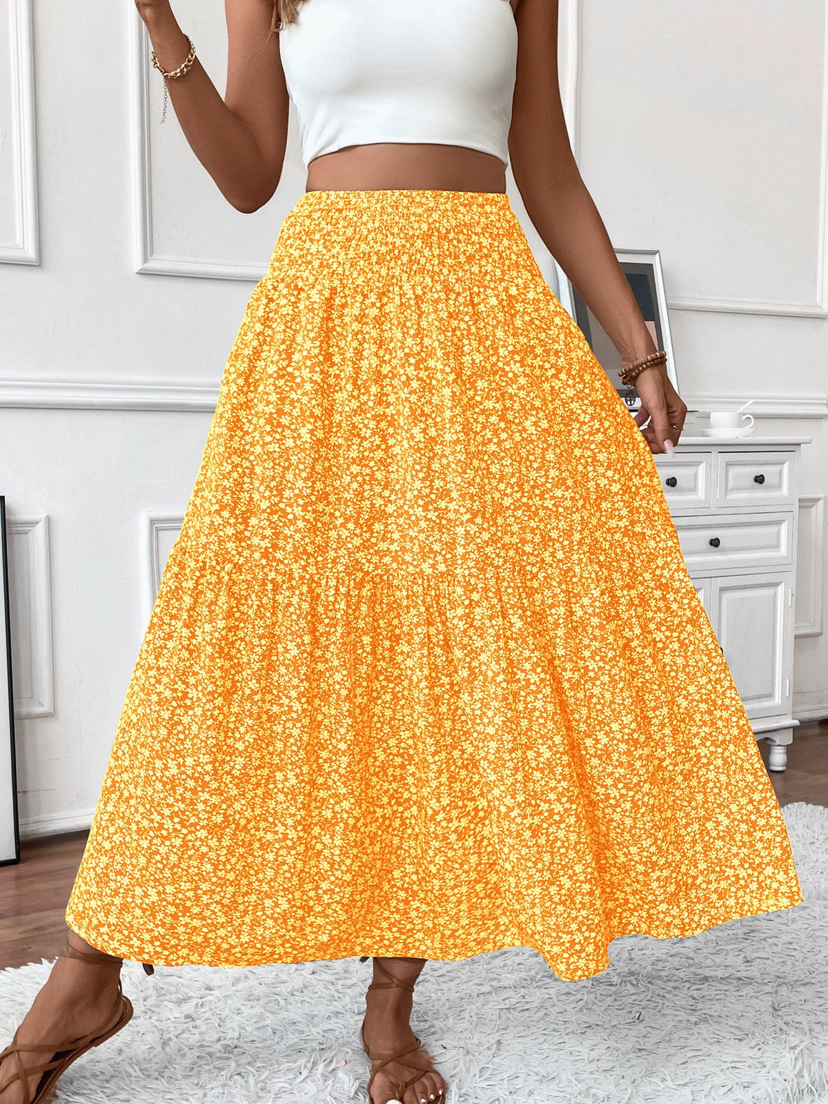 Flowy Ditsy Floral Maxi Skirt with Elasticated High Waist