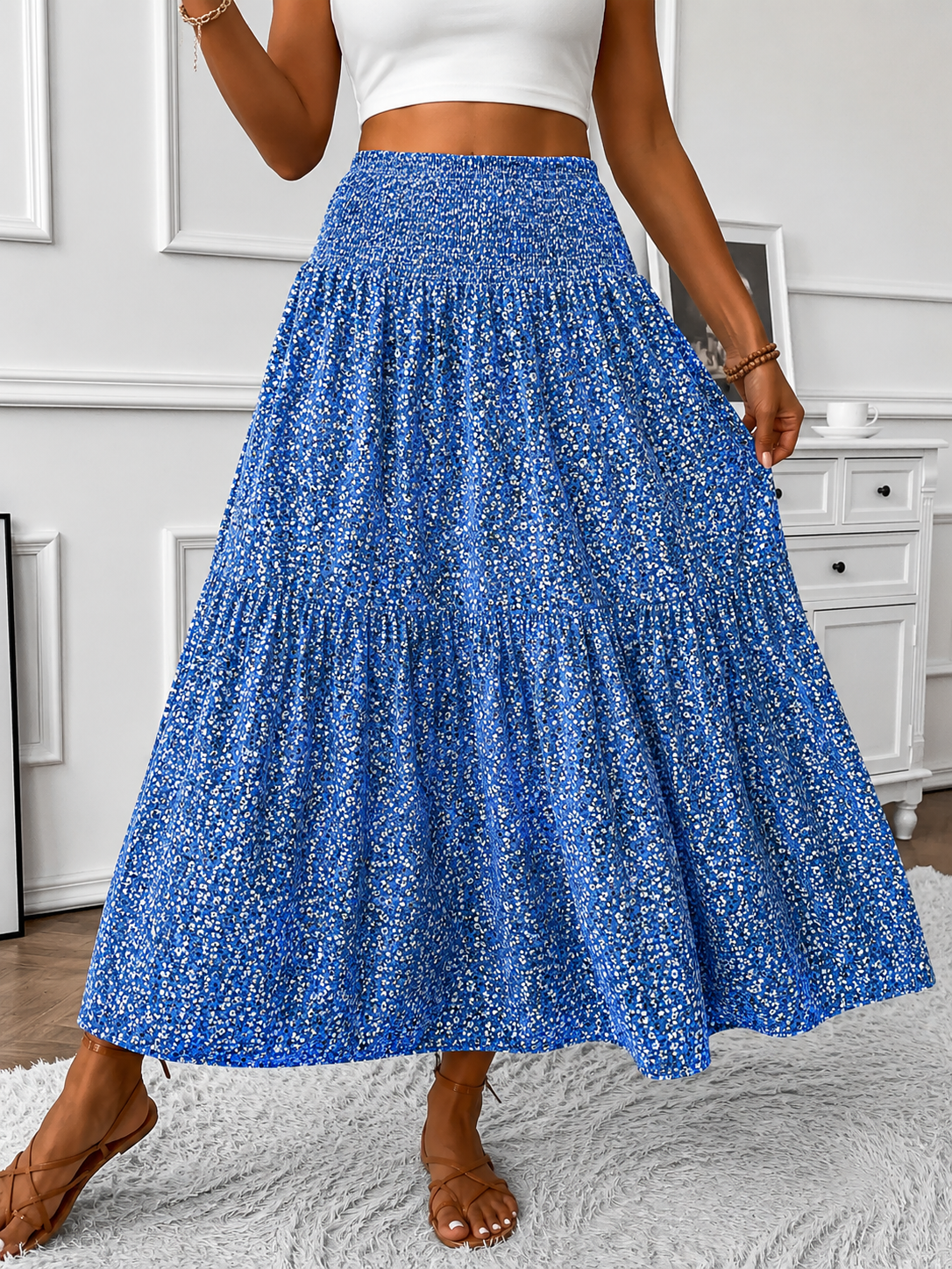Flowy Ditsy Floral Maxi Skirt with Elasticated High Waist