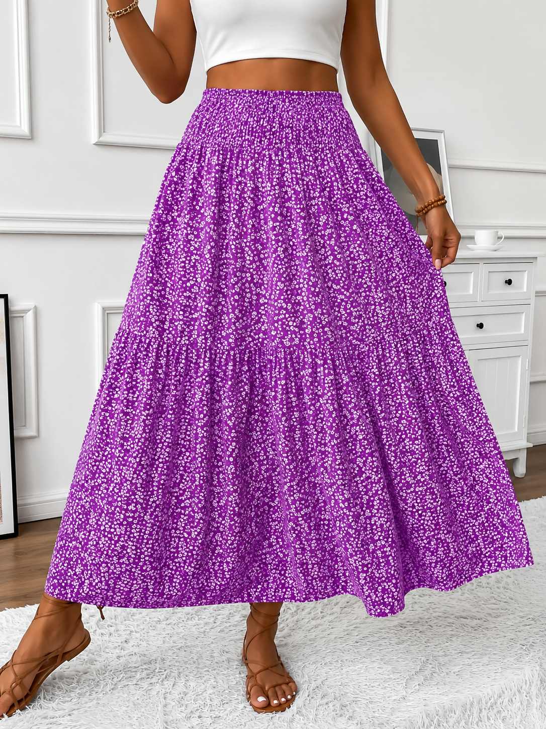 Flowy Ditsy Floral Maxi Skirt with Elasticated High Waist