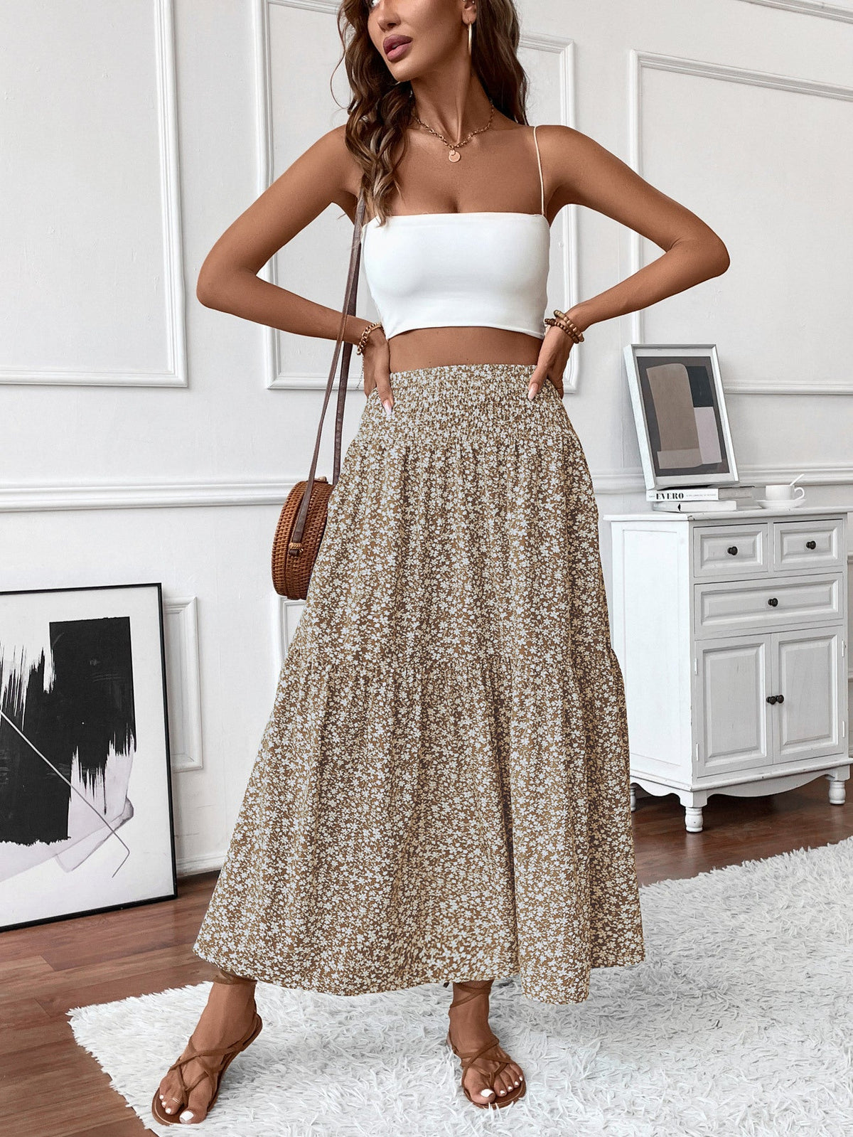 Flowy Ditsy Floral Maxi Skirt with Elasticated High Waist