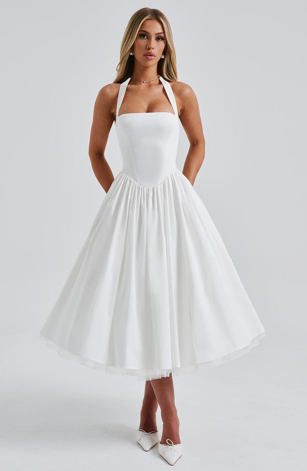 Halter Neck Midi Dress with Full Tulle Skirt and Square Neckline