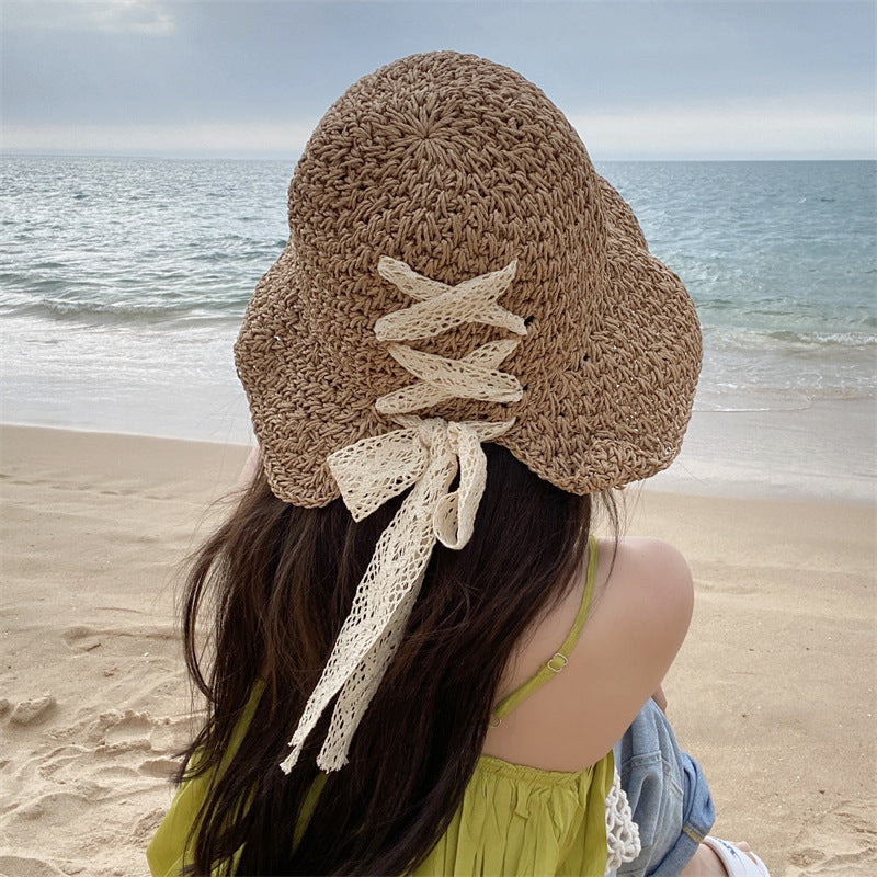 Handmade Straw Sun Hat with Bow and Lace Detail