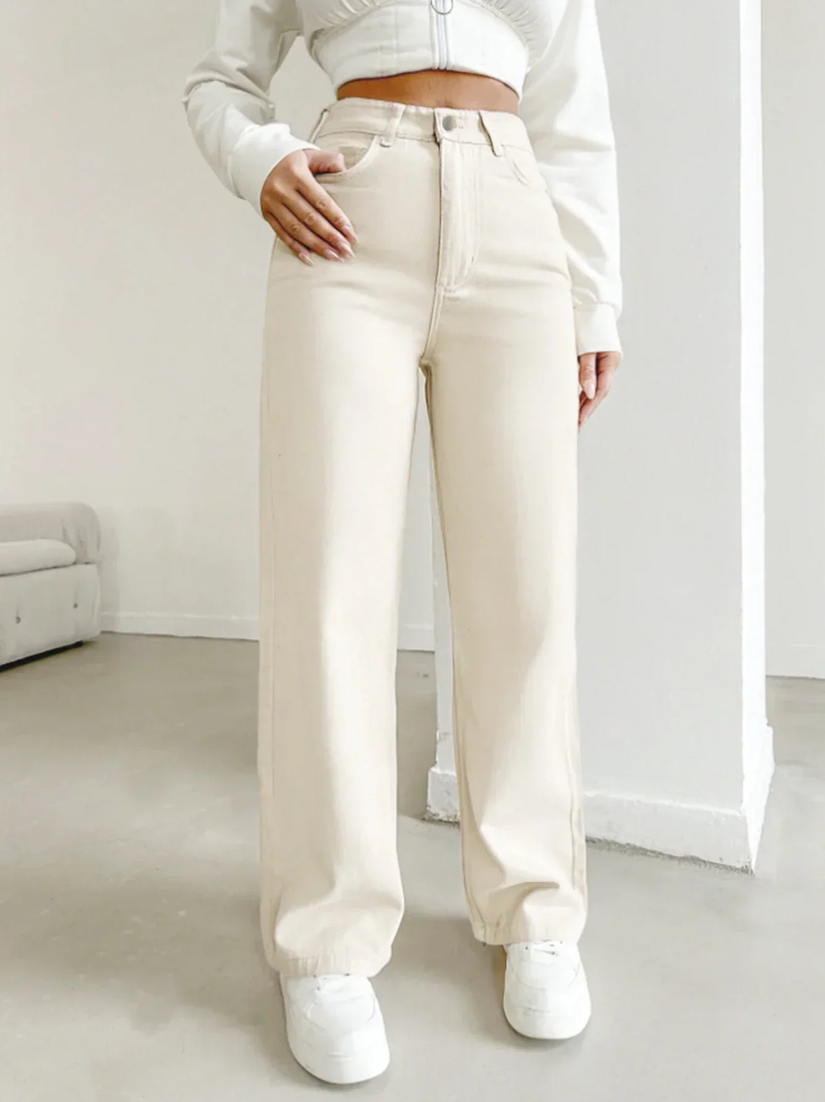 High Waist Wide Leg Jeans in Ivory