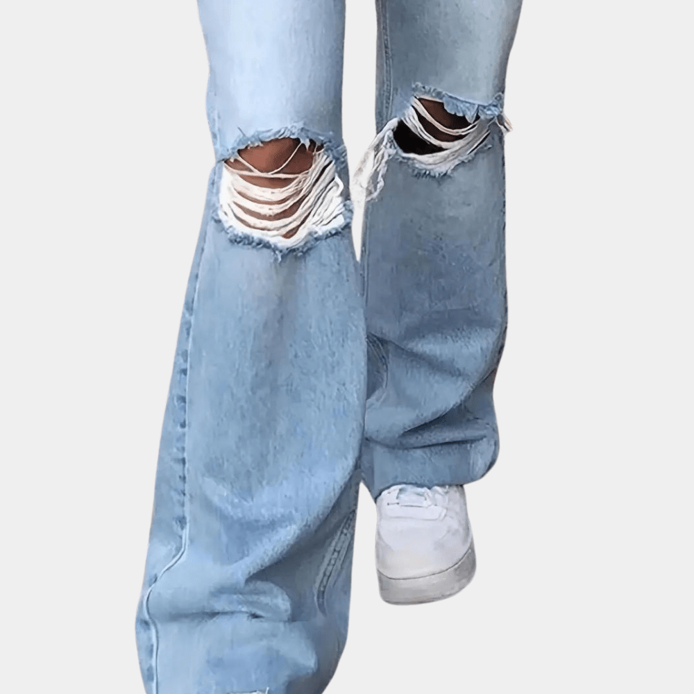 High Waisted Ripped Jeans with Wide Leg and Distressed Knee Detail