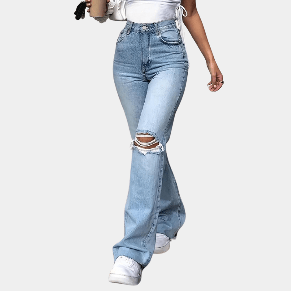 High Waisted Ripped Jeans with Wide Leg and Distressed Knee Detail