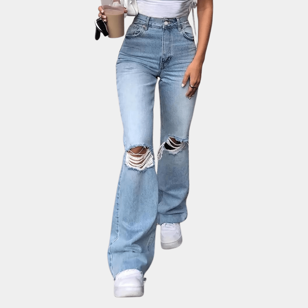 High Waisted Ripped Jeans with Wide Leg and Distressed Knee Detail