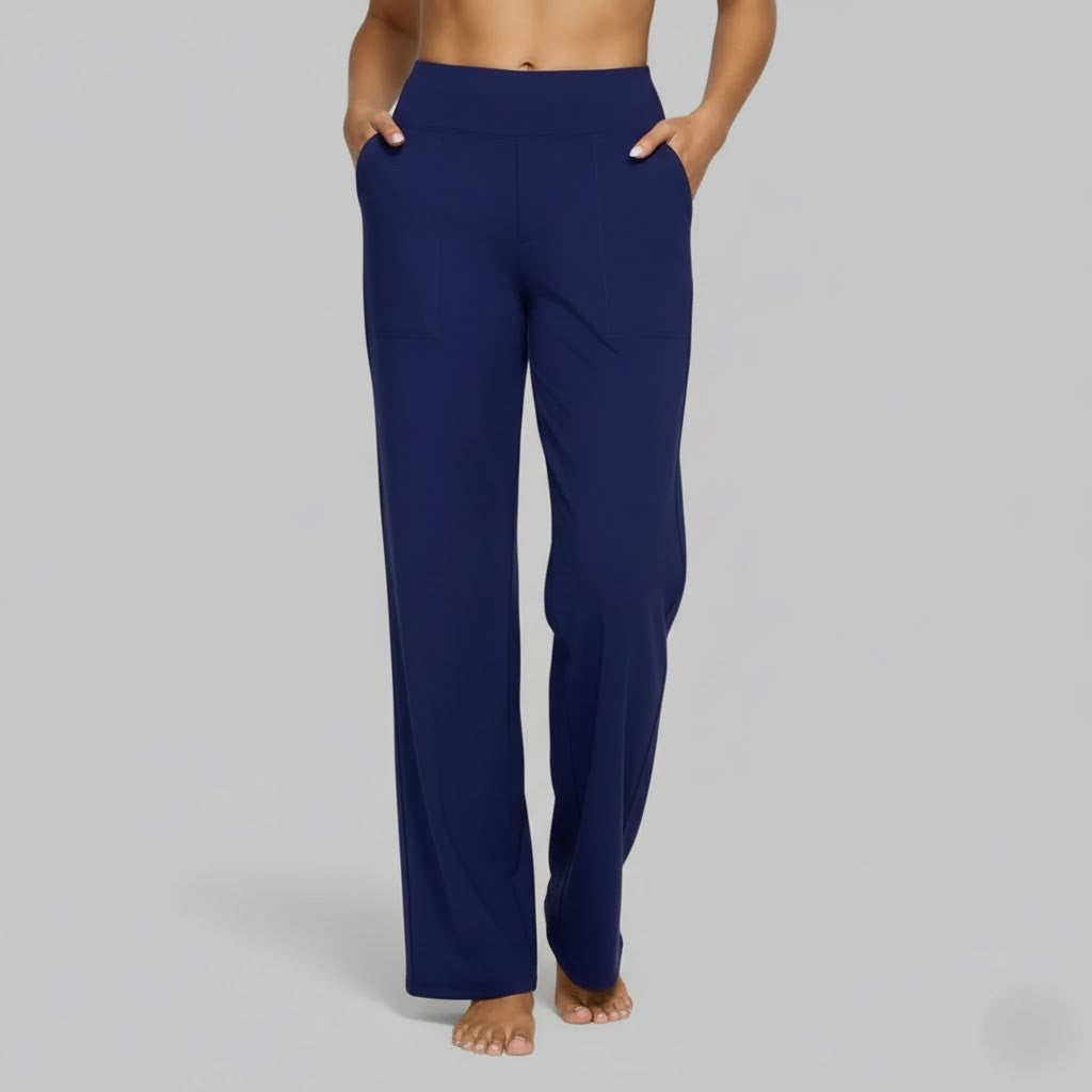 High Waisted Wide Leg Yoga Pants with Broad Waistband and Straight Leg