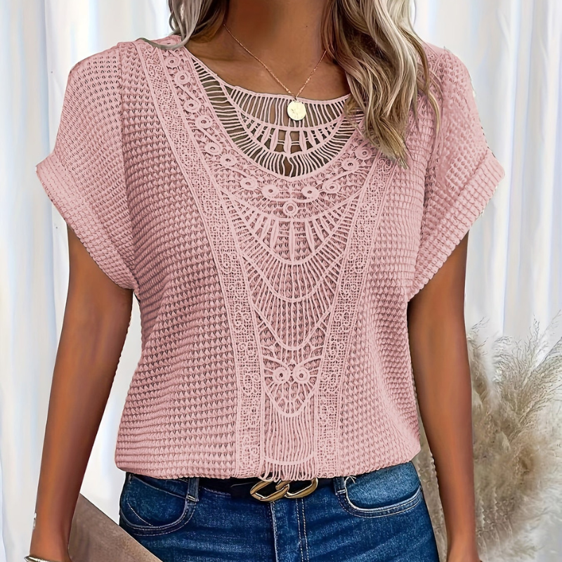 Chic Lace Front Waffle Knit Top with Short Sleeves