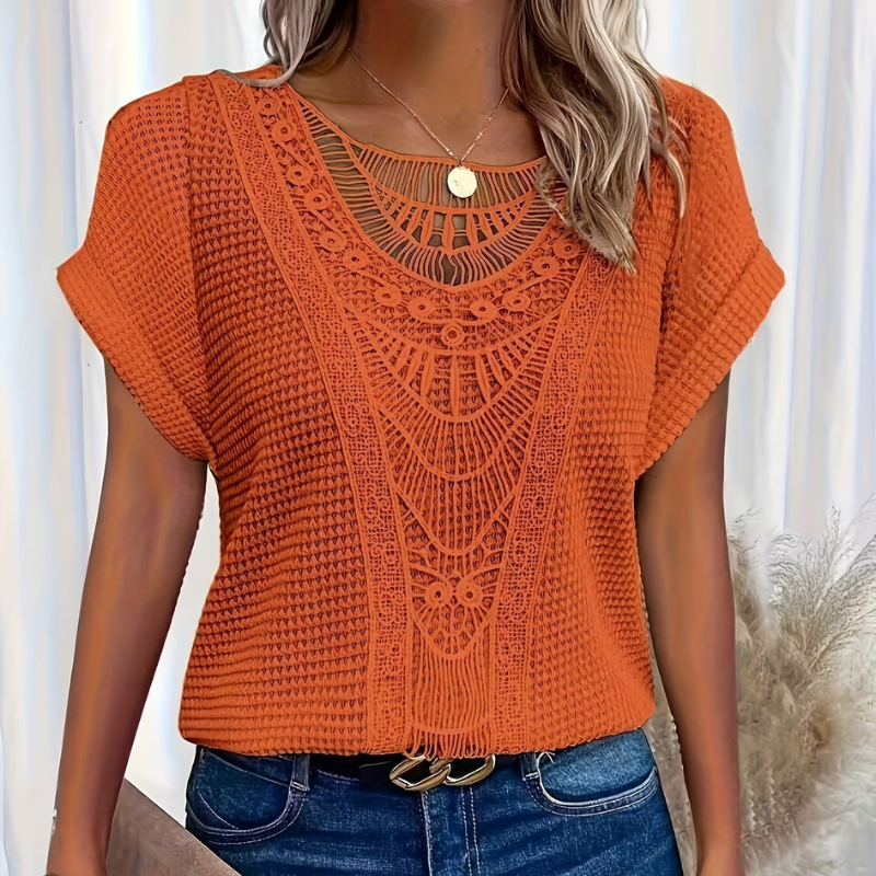 Chic Lace Front Waffle Knit Top with Short Sleeves