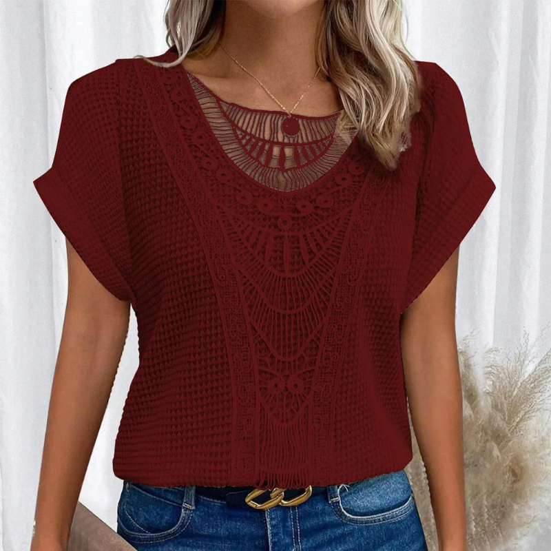 Chic Lace Front Waffle Knit Top with Short Sleeves