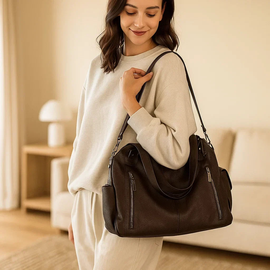 Large Leather Shoulder Bag with Multi-Zip Pockets