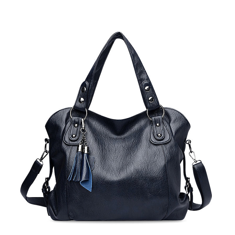 Large Leather Shoulder Bag with Tassel Zip and Stud Detail