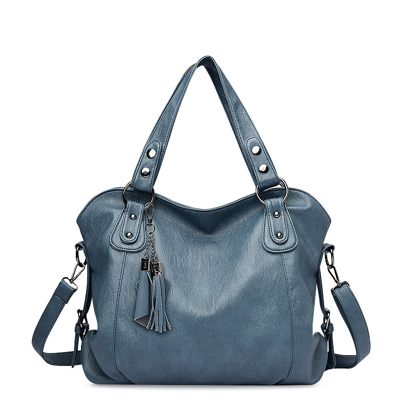 Large Leather Shoulder Bag with Tassel Zip and Stud Detail