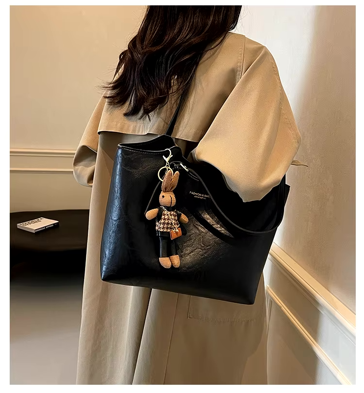 Large Leather Tote Bag with Teddy Bear Bag Charm