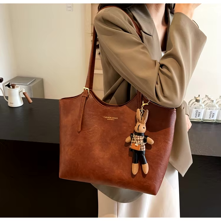 Large Leather Tote Bag with Teddy Bear Bag Charm