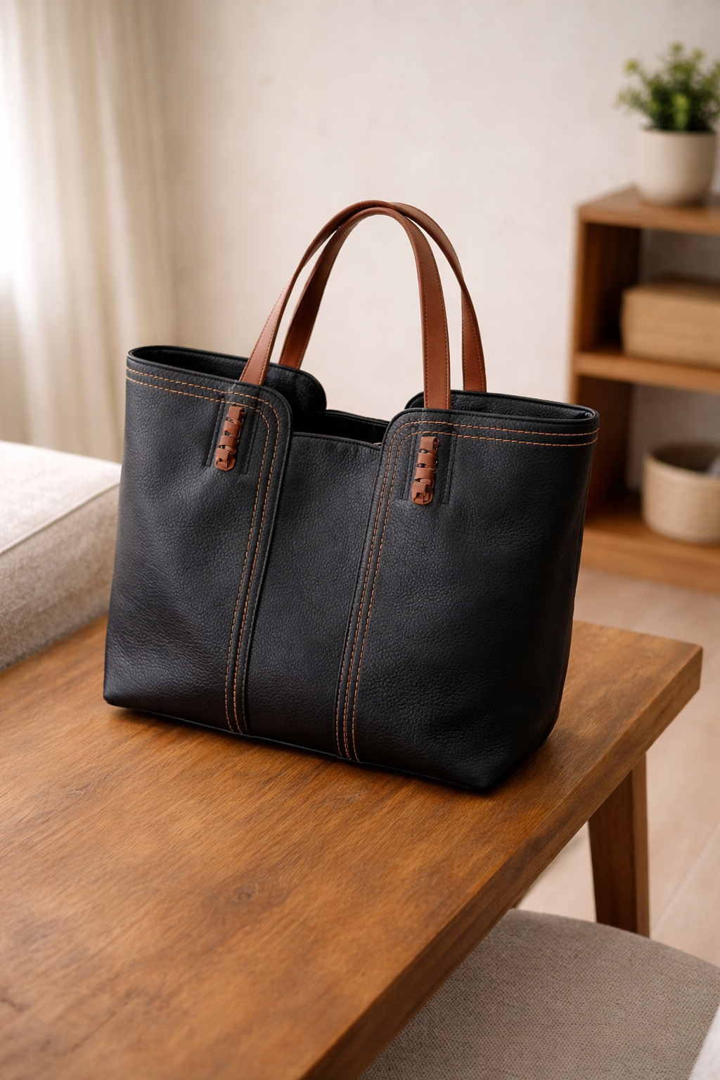 Large Suede Tote Bag with Contrast Stitching and Tan Handles