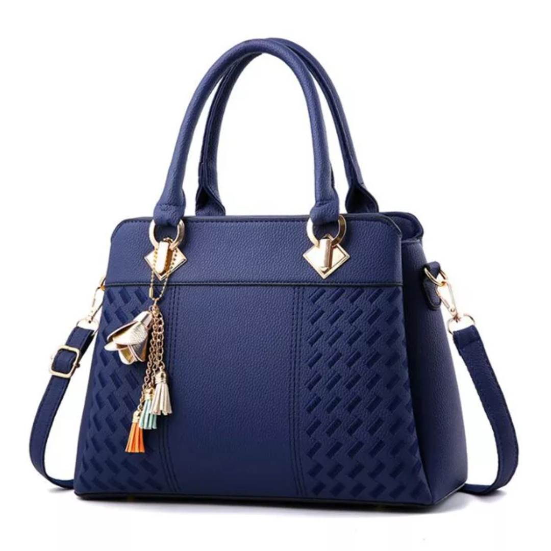 Leather Handbag with Embossed Weave Panel and Tassel Charm