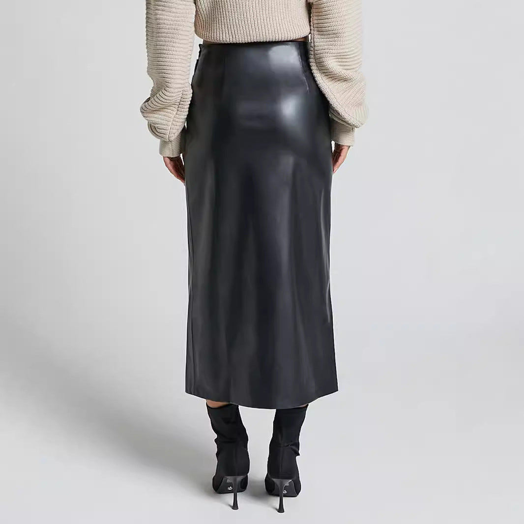 Leather Midi Skirt with Front Split in Sleek Straight Cut