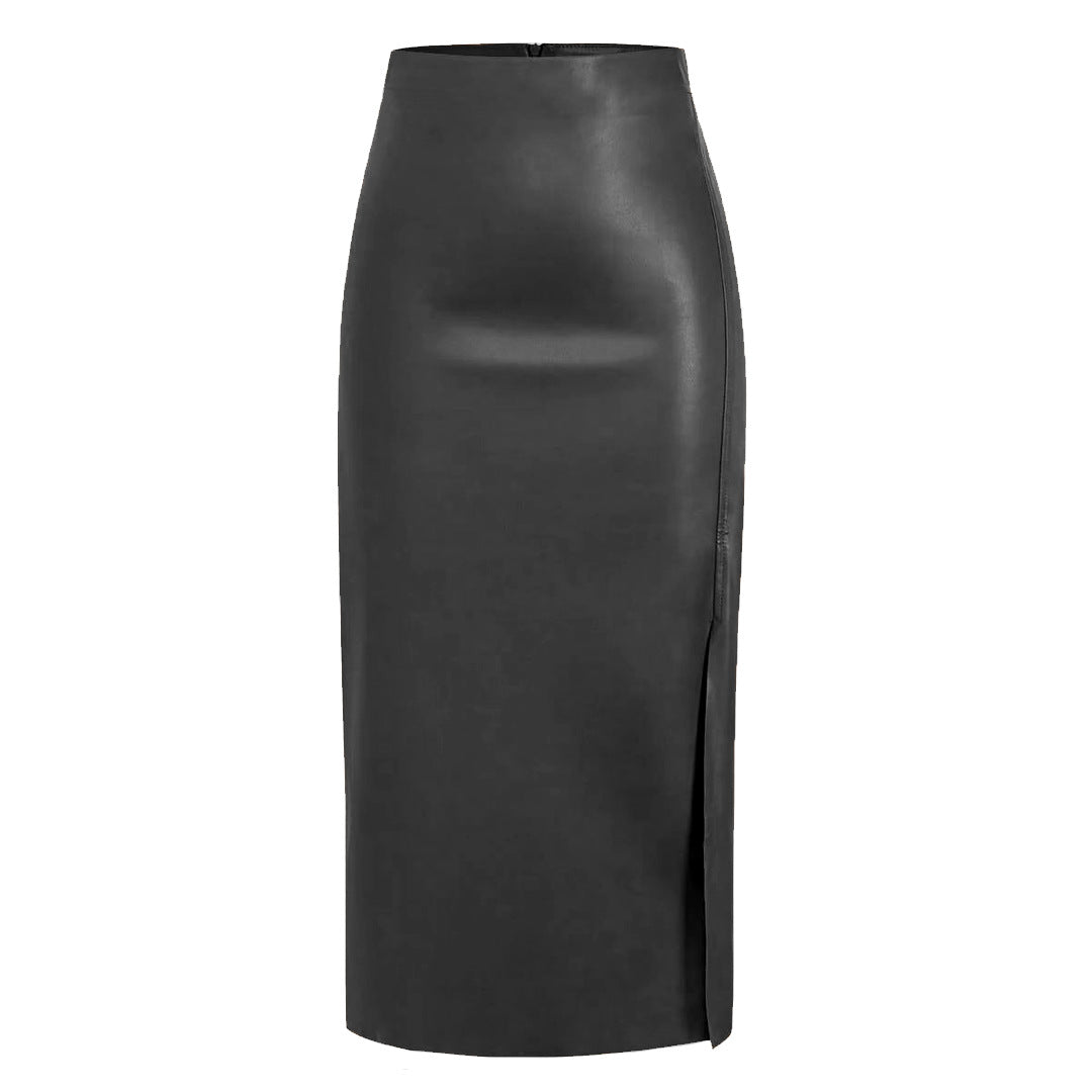 Leather Midi Skirt with Front Split in Sleek Straight Cut