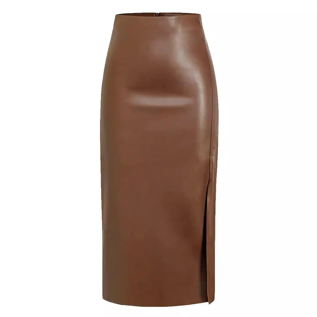 Leather Midi Skirt with Front Split in Sleek Straight Cut