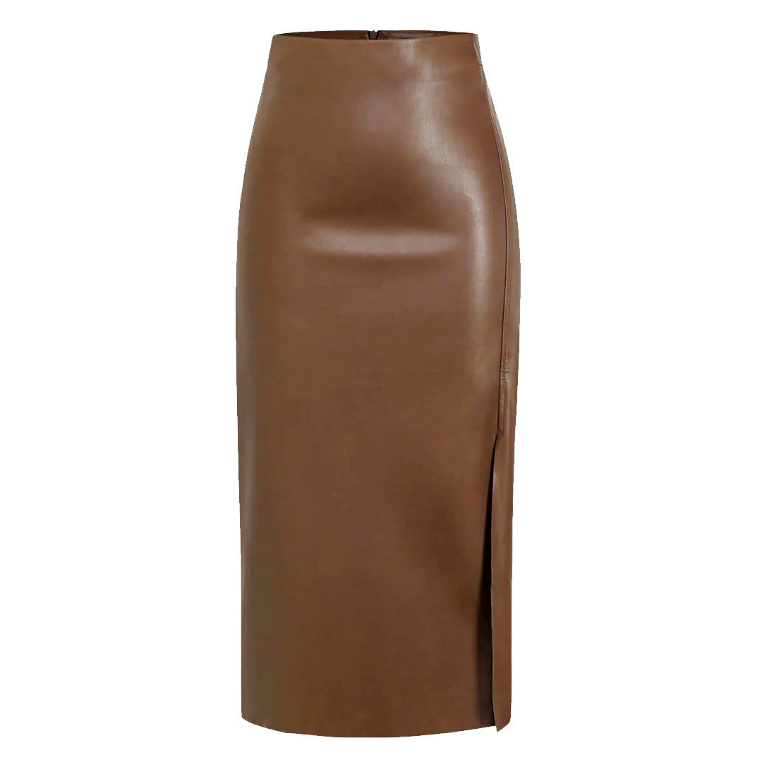 Leather Midi Skirt with Front Split in Sleek Straight Cut