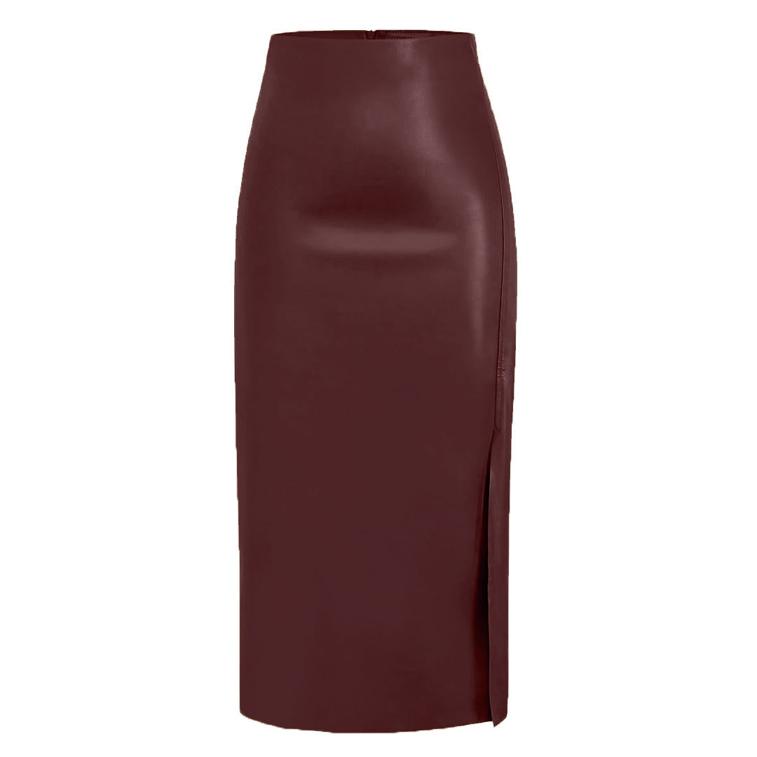 Leather Midi Skirt with Front Split in Sleek Straight Cut