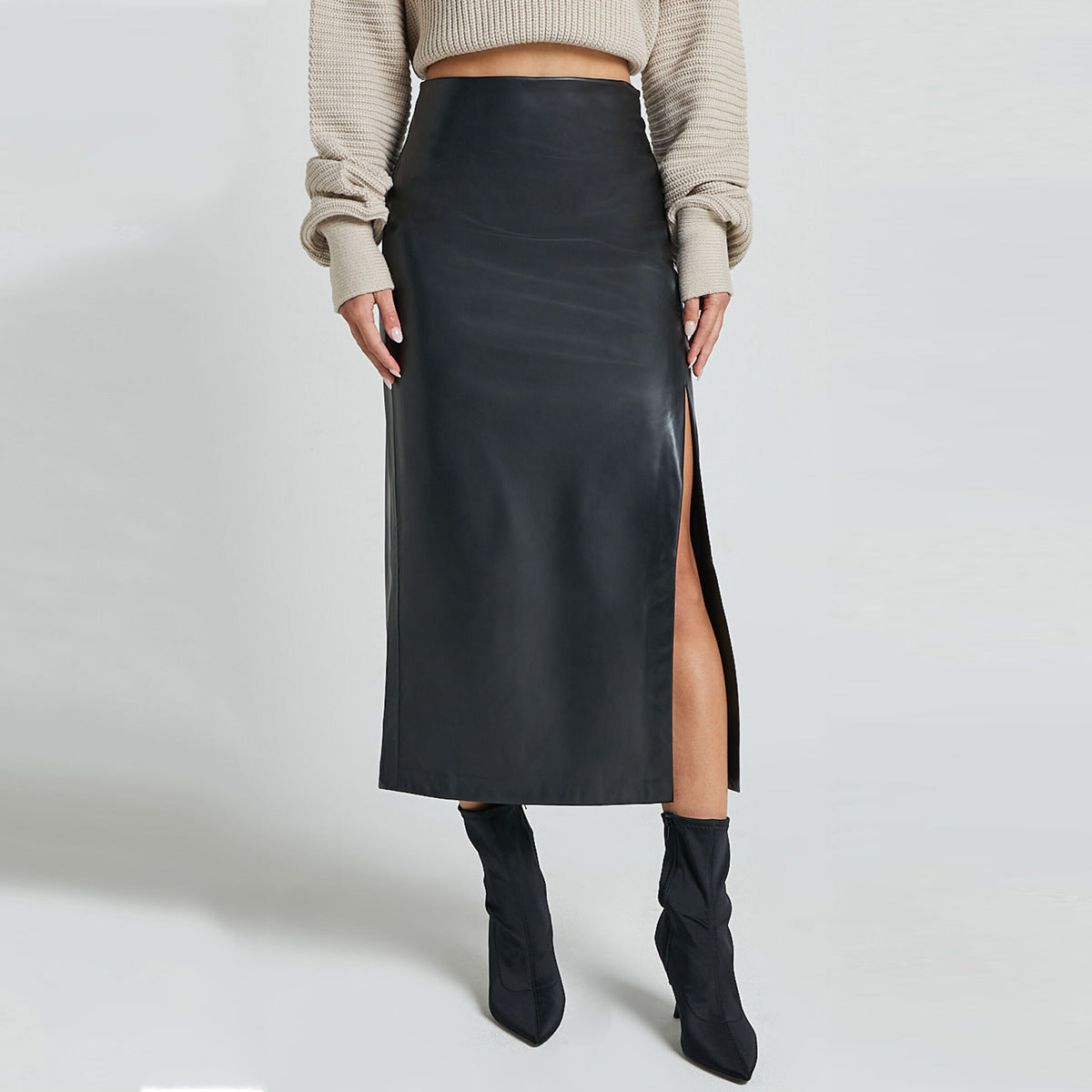 Leather Midi Skirt with Front Split in Sleek Straight Cut